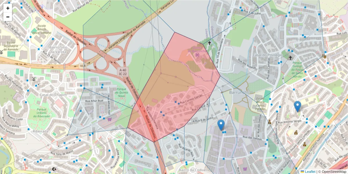 Mapa detalhado do código postal 2675-225 com limites, códigos postais vizinhos e agências dos correios