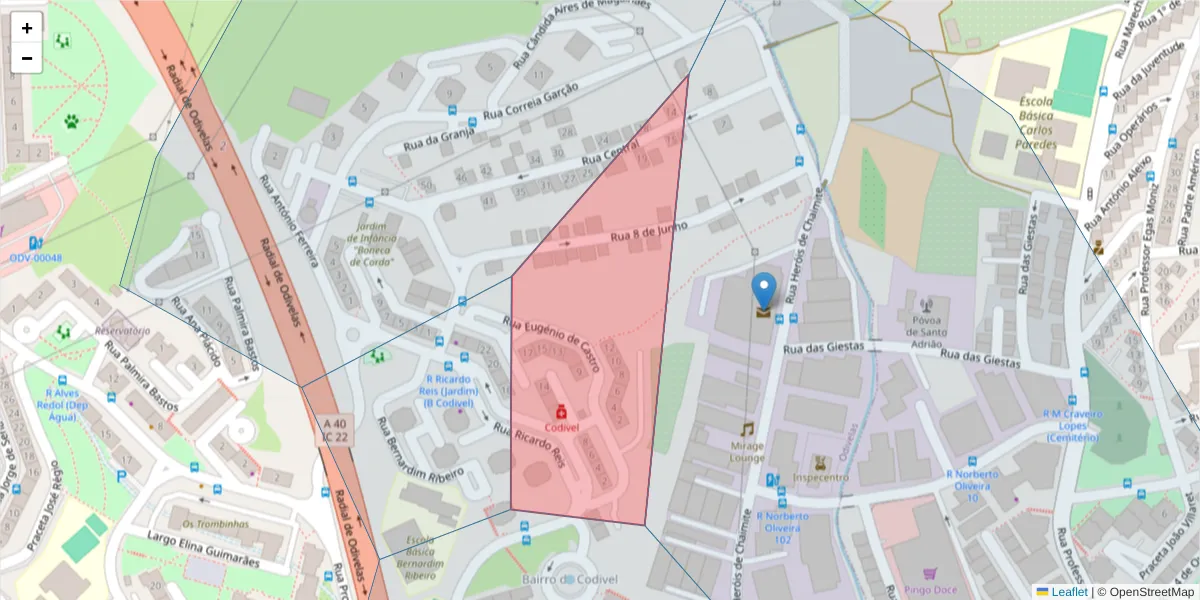 Mapa detalhado do código postal 2675-233 com limites, códigos postais vizinhos e agências dos correios