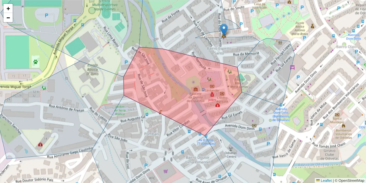 Mapa detalhado do código postal 2675-274 com limites, códigos postais vizinhos e agências dos correios