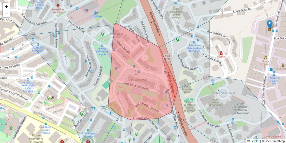 Mapa detalhado do código postal 2675-285 com limites, códigos postais vizinhos e agências dos correios
