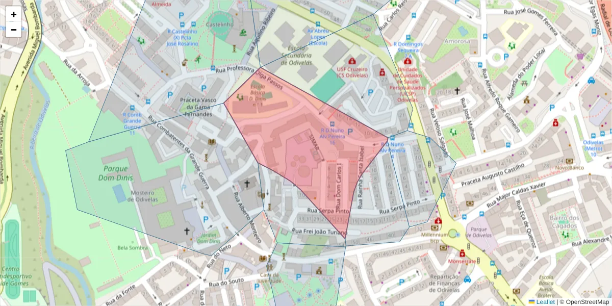 Mapa detalhado do código postal 2675-287 com limites, códigos postais vizinhos e agências dos correios