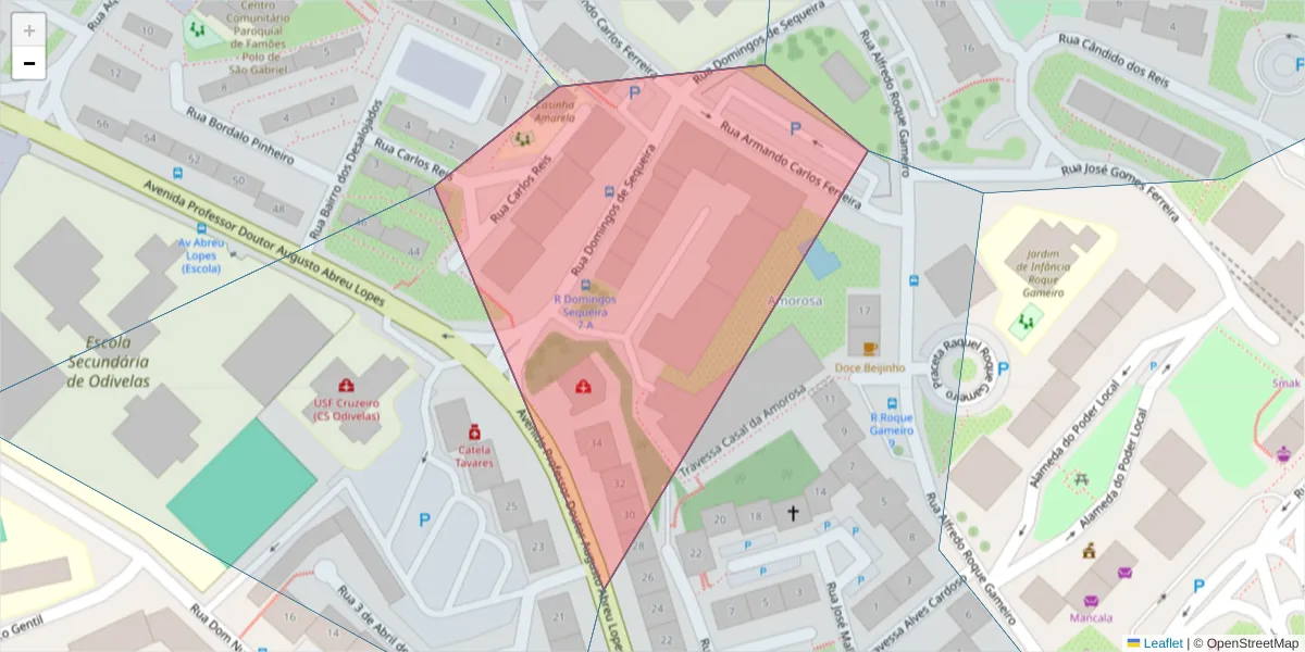 Mapa detalhado do código postal 2675-297 com limites, códigos postais vizinhos e agências dos correios