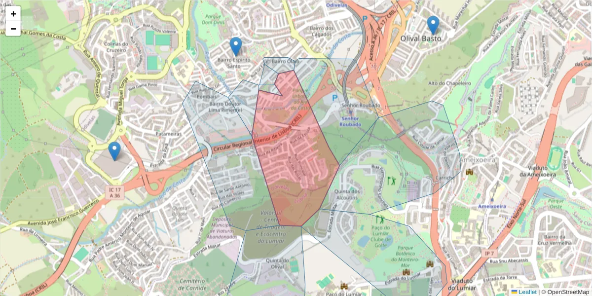 Mapa detalhado do código postal 2675-304 com limites, códigos postais vizinhos e agências dos correios