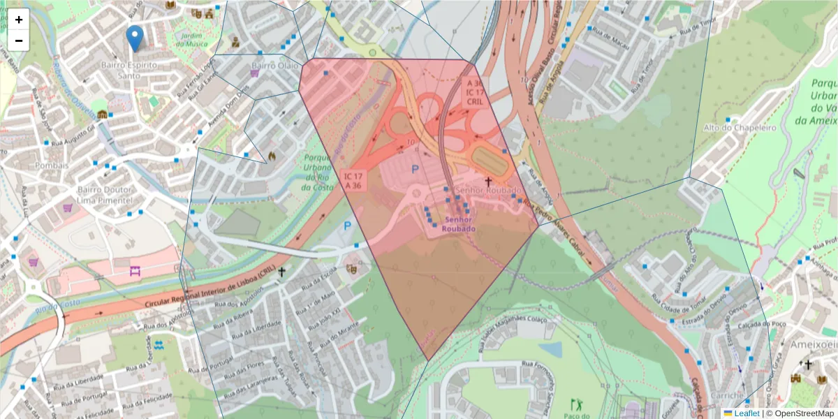 Mapa detalhado do código postal 2675-305 com limites, códigos postais vizinhos e agências dos correios