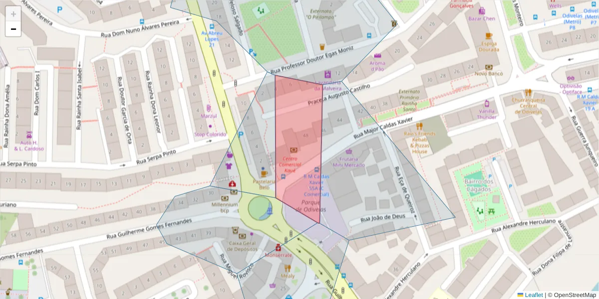 Mapa detalhado do código postal 2675-311 com limites, códigos postais vizinhos e agências dos correios