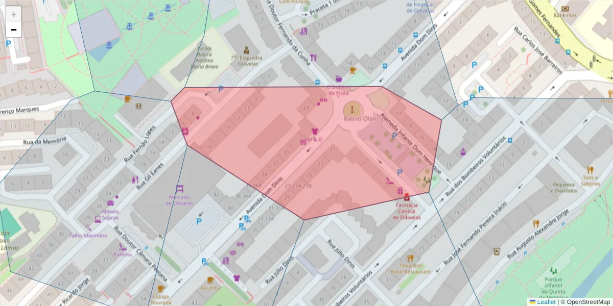 Mapa detalhado do código postal 2675-327 com limites, códigos postais vizinhos e agências dos correios