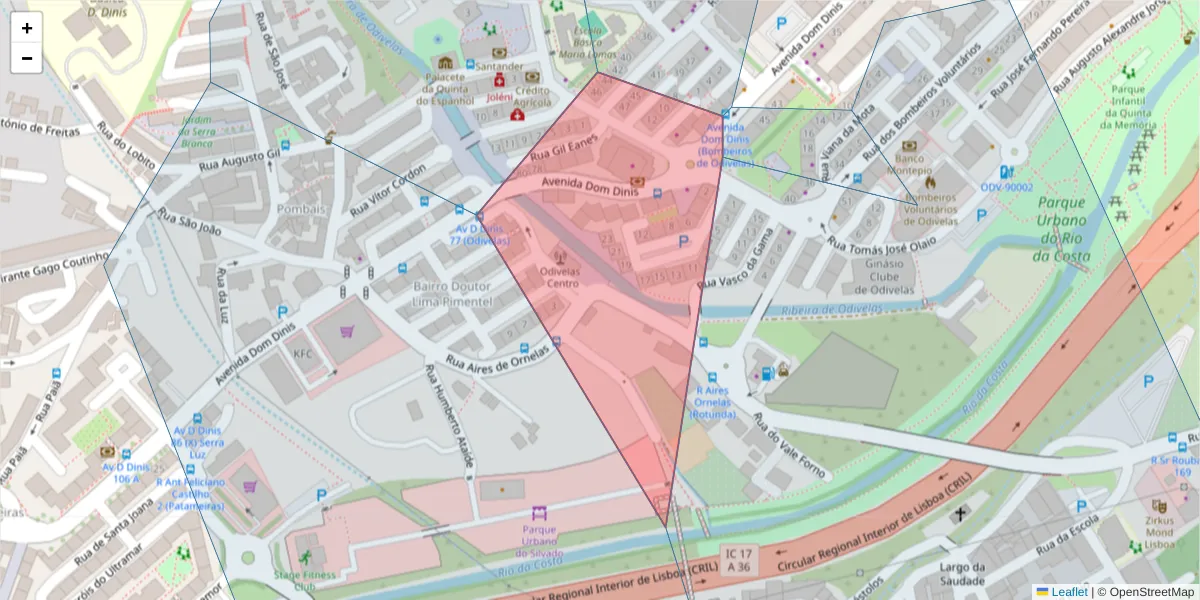 Mapa detalhado do código postal 2675-328 com limites, códigos postais vizinhos e agências dos correios