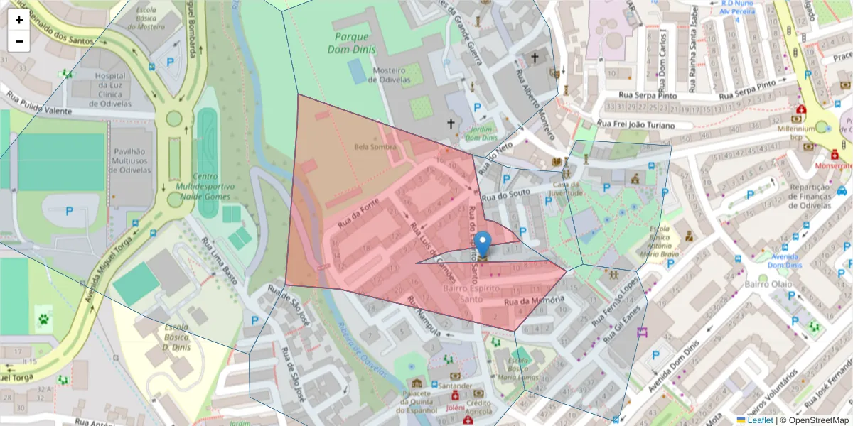 Mapa detalhado do código postal 2675-346 com limites, códigos postais vizinhos e agências dos correios