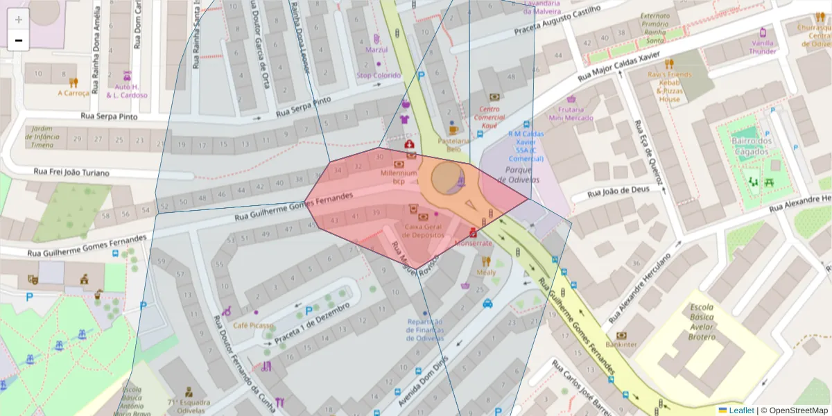 Mapa detalhado do código postal 2675-371 com limites, códigos postais vizinhos e agências dos correios