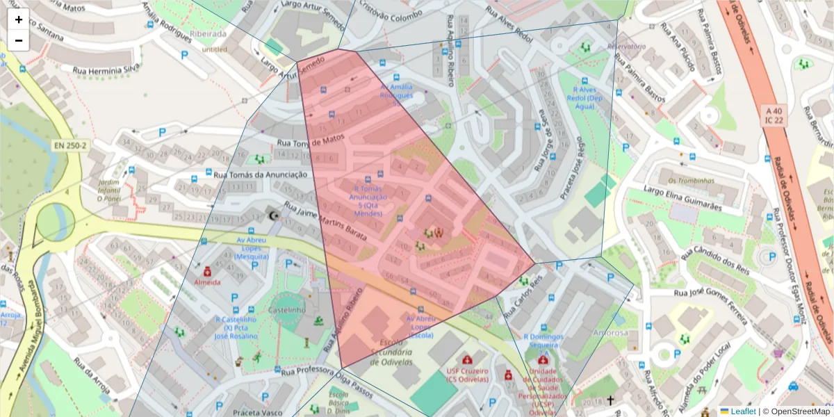 Mapa detalhado do código postal 2675-380 com limites, códigos postais vizinhos e agências dos correios