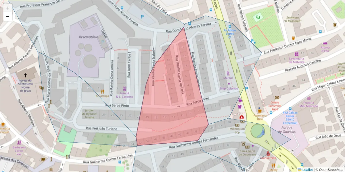 Mapa detalhado do código postal 2675-439 com limites, códigos postais vizinhos e agências dos correios