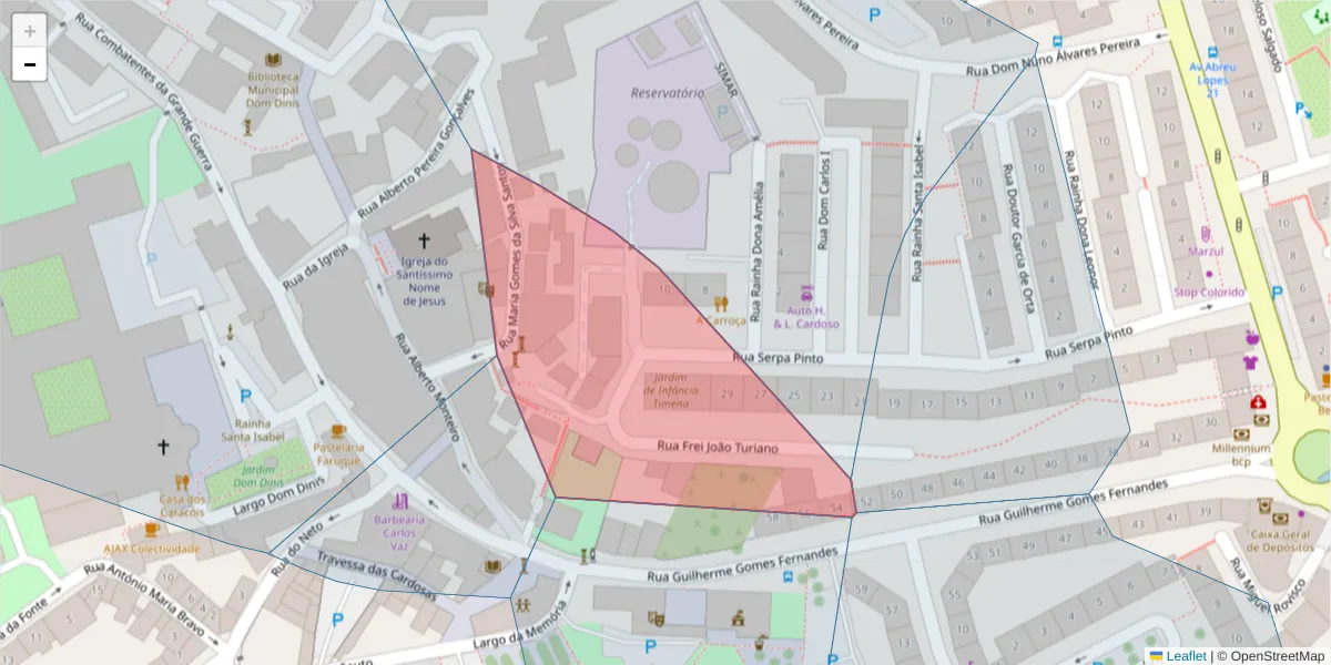 Mapa detalhado do código postal 2675-447 com limites, códigos postais vizinhos e agências dos correios