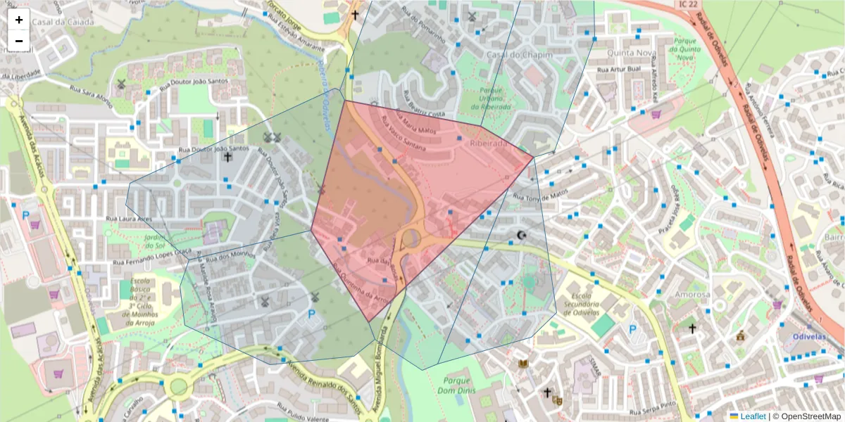 Mapa detalhado do código postal 2675-454 com limites, códigos postais vizinhos e agências dos correios