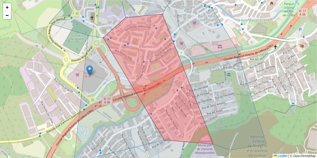 Mapa detalhado do código postal 2675-479 com limites, códigos postais vizinhos e agências dos correios