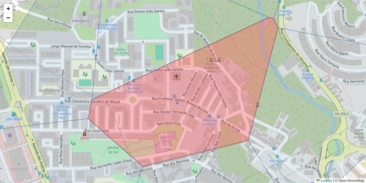 Mapa detalhado do código postal 2675-558 com limites, códigos postais vizinhos e agências dos correios