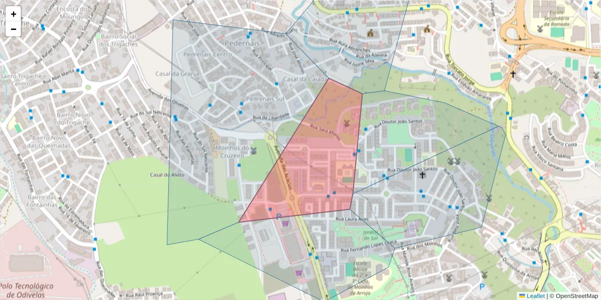 Mapa detalhado do código postal 2675-566 com limites, códigos postais vizinhos e agências dos correios