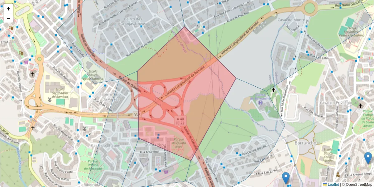Mapa detalhado do código postal 2675-611 com limites, códigos postais vizinhos e agências dos correios