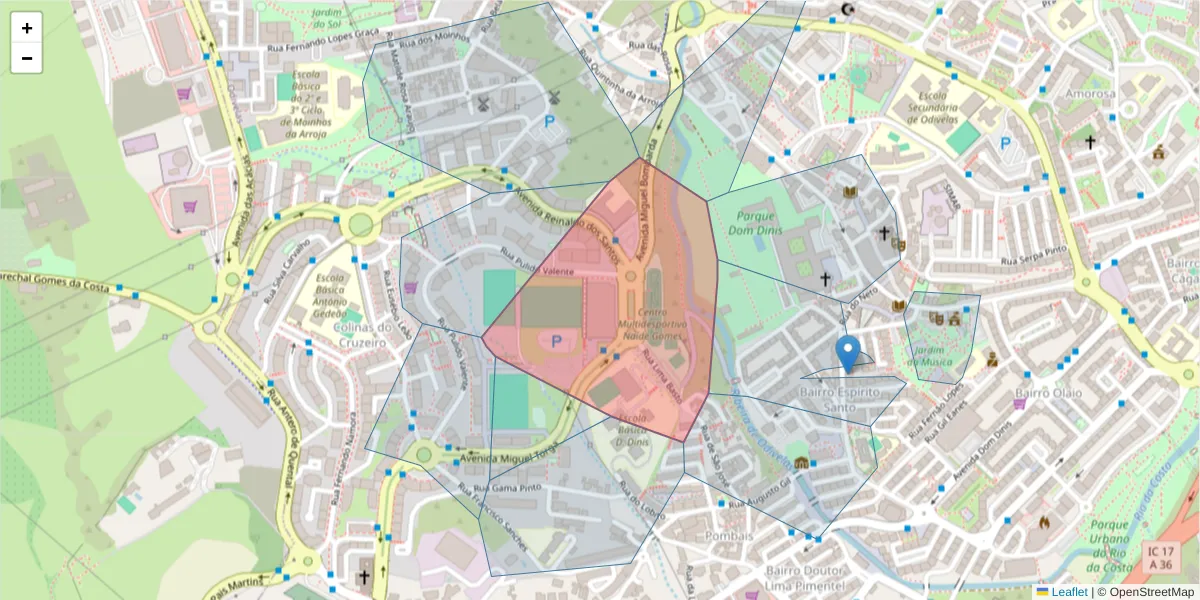 Mapa detalhado do código postal 2675-668 com limites, códigos postais vizinhos e agências dos correios
