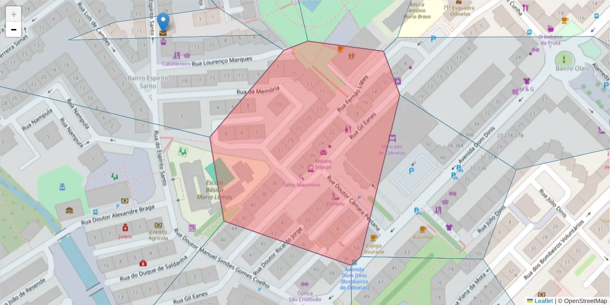 Mapa detalhado do código postal 2675-672 com limites, códigos postais vizinhos e agências dos correios