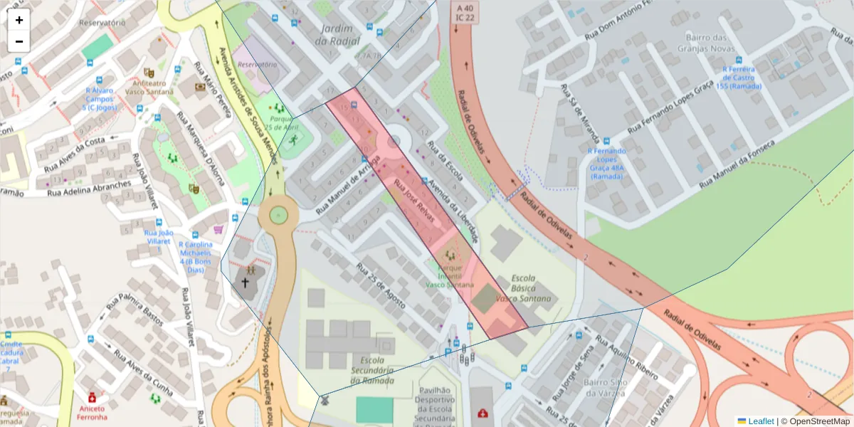 Mapa detalhado do código postal 2675-833 com limites, códigos postais vizinhos e agências dos correios