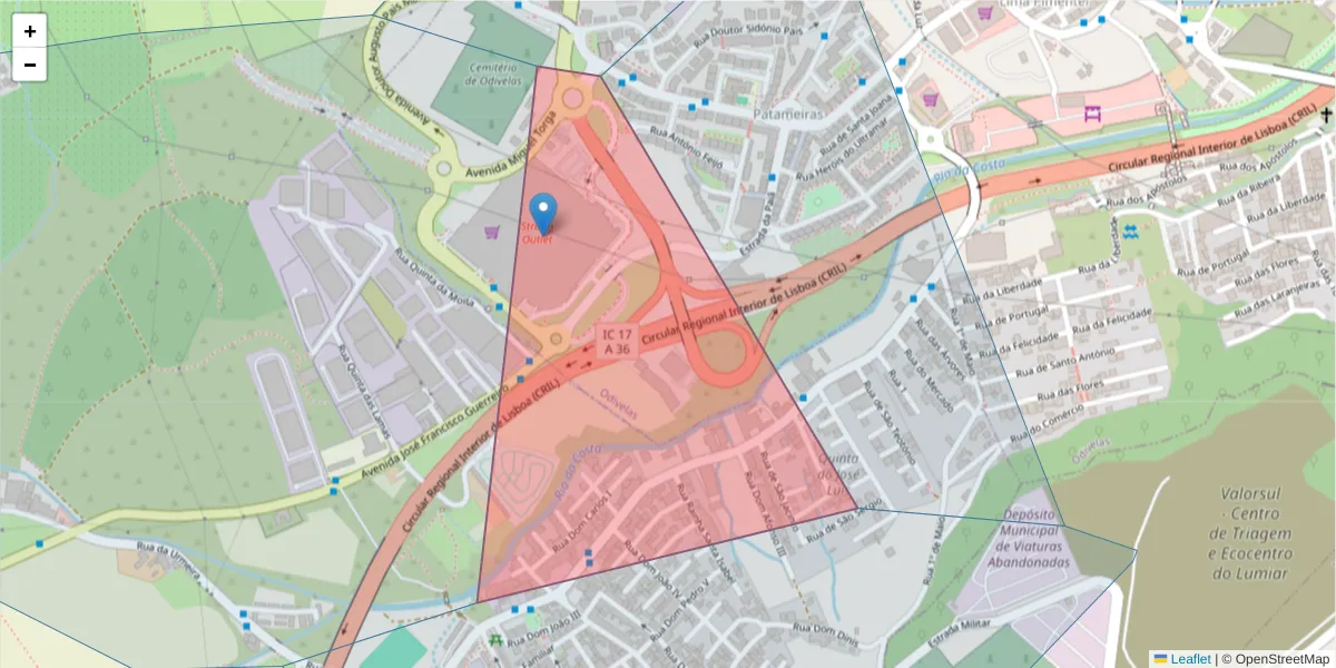 Mapa detalhado do código postal 2675-997 com limites, códigos postais vizinhos e agências dos correios