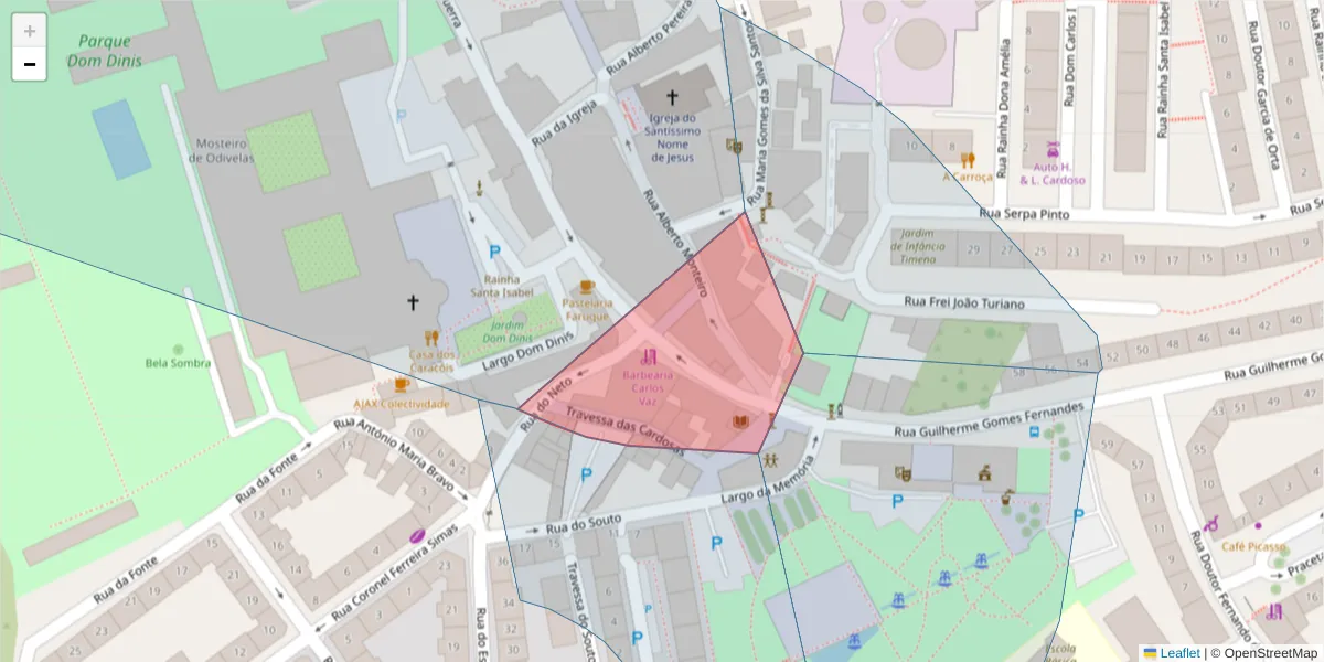 Mapa detalhado do código postal 2675 com limites, códigos postais vizinhos e agências dos correios