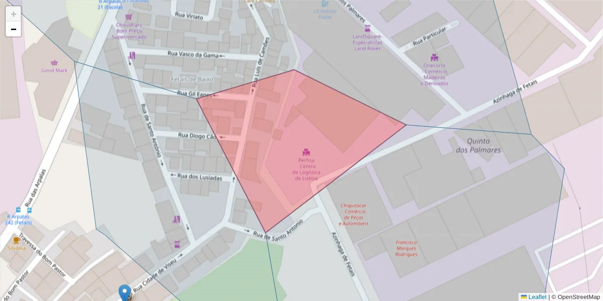 Mapa detalhado do código postal 2680-001 com limites, códigos postais vizinhos e agências dos correios