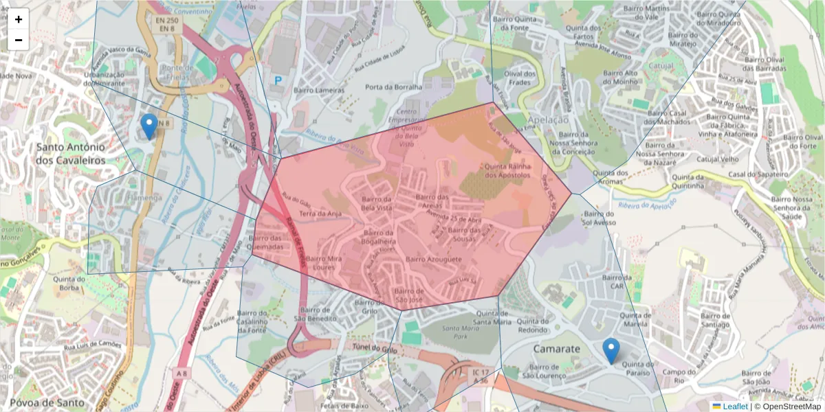 Mapa detalhado do código postal 2680-014 com limites, códigos postais vizinhos e agências dos correios