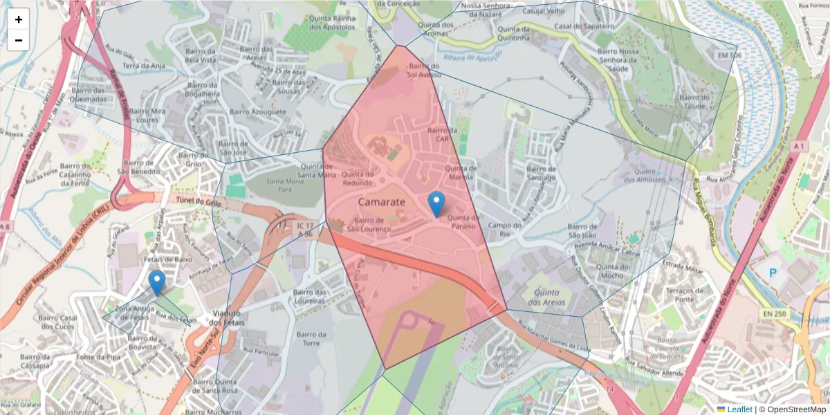 Mapa detalhado do código postal 2680-124 com limites, códigos postais vizinhos e agências dos correios