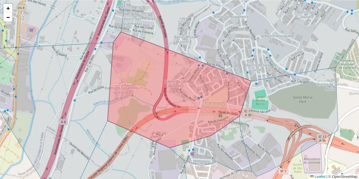 Mapa detalhado do código postal 2680-604 com limites, códigos postais vizinhos e agências dos correios