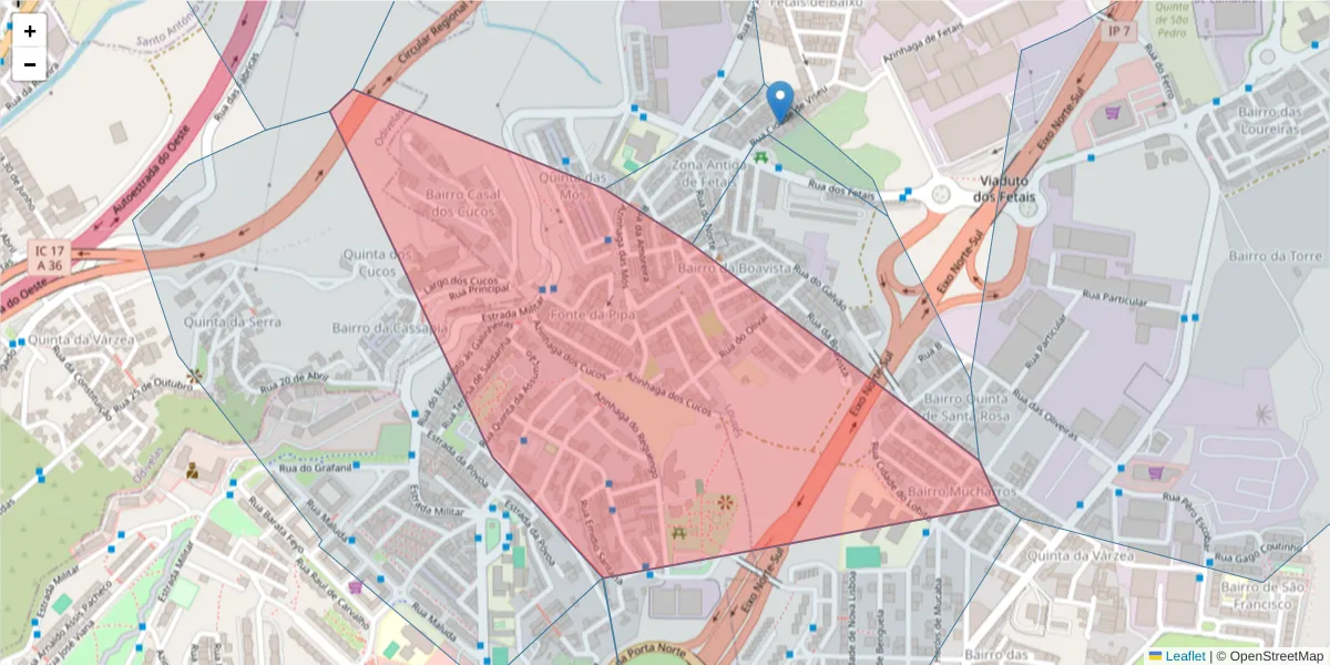 Mapa detalhado do código postal 2680 com limites, códigos postais vizinhos e agências dos correios