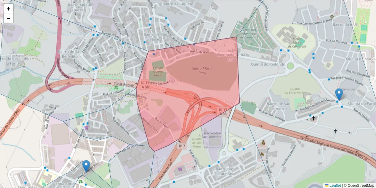 Mapa detalhado do código postal 2681-502 com limites, códigos postais vizinhos e agências dos correios