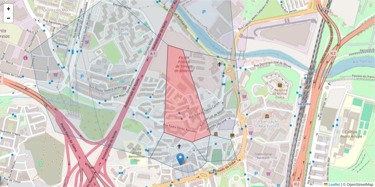 Mapa detalhado do código postal 2685-005 com limites, códigos postais vizinhos e agências dos correios