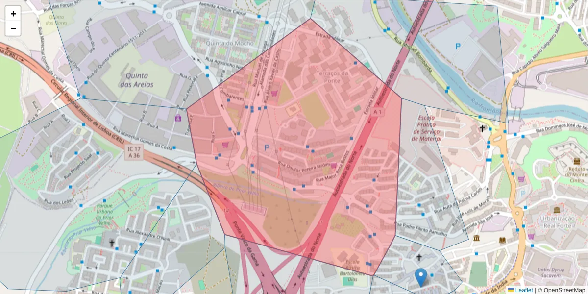 Mapa detalhado do código postal 2685-023 com limites, códigos postais vizinhos e agências dos correios