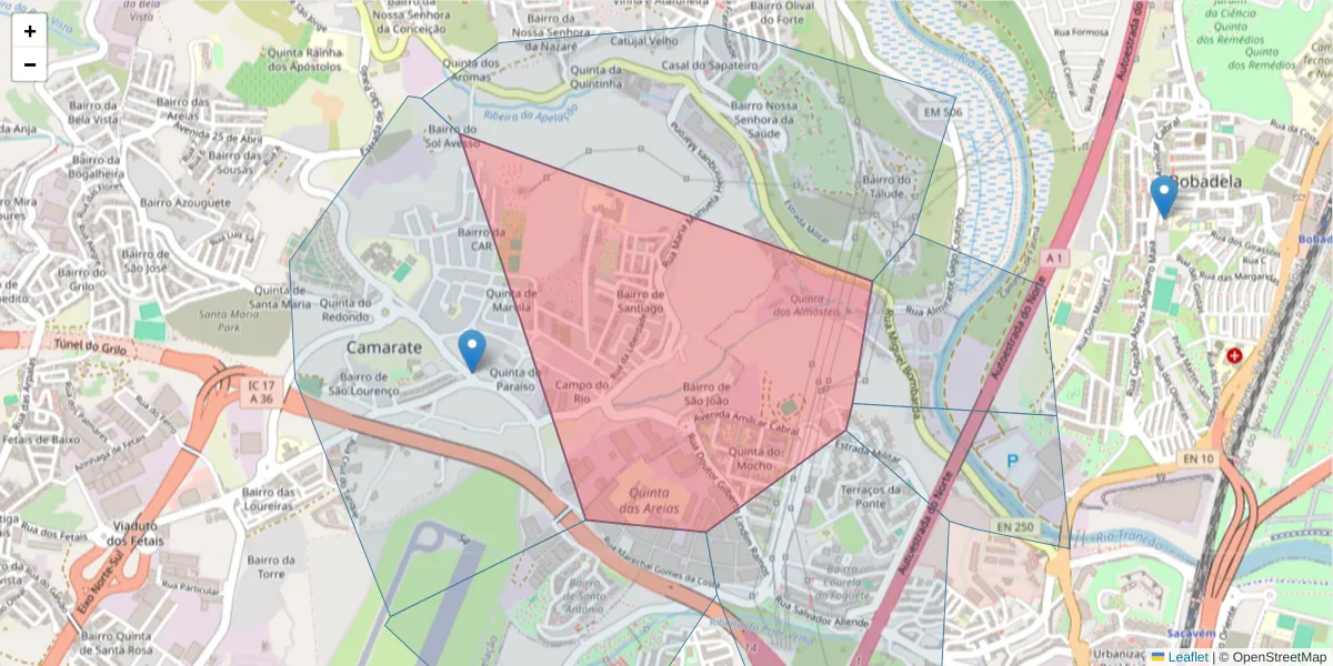Mapa detalhado do código postal 2685-065 com limites, códigos postais vizinhos e agências dos correios