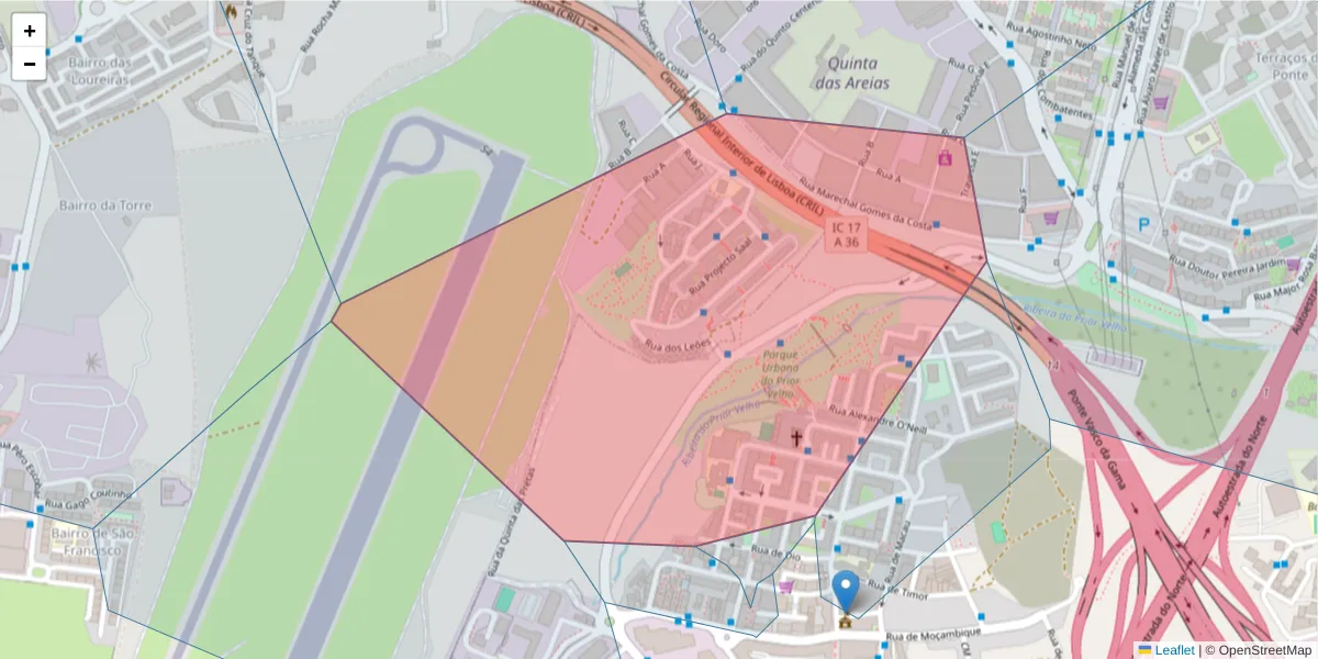Mapa detalhado do código postal 2685-330 com limites, códigos postais vizinhos e agências dos correios