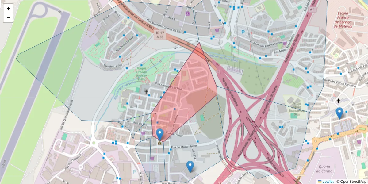 Mapa detalhado do código postal 2685-372 com limites, códigos postais vizinhos e agências dos correios