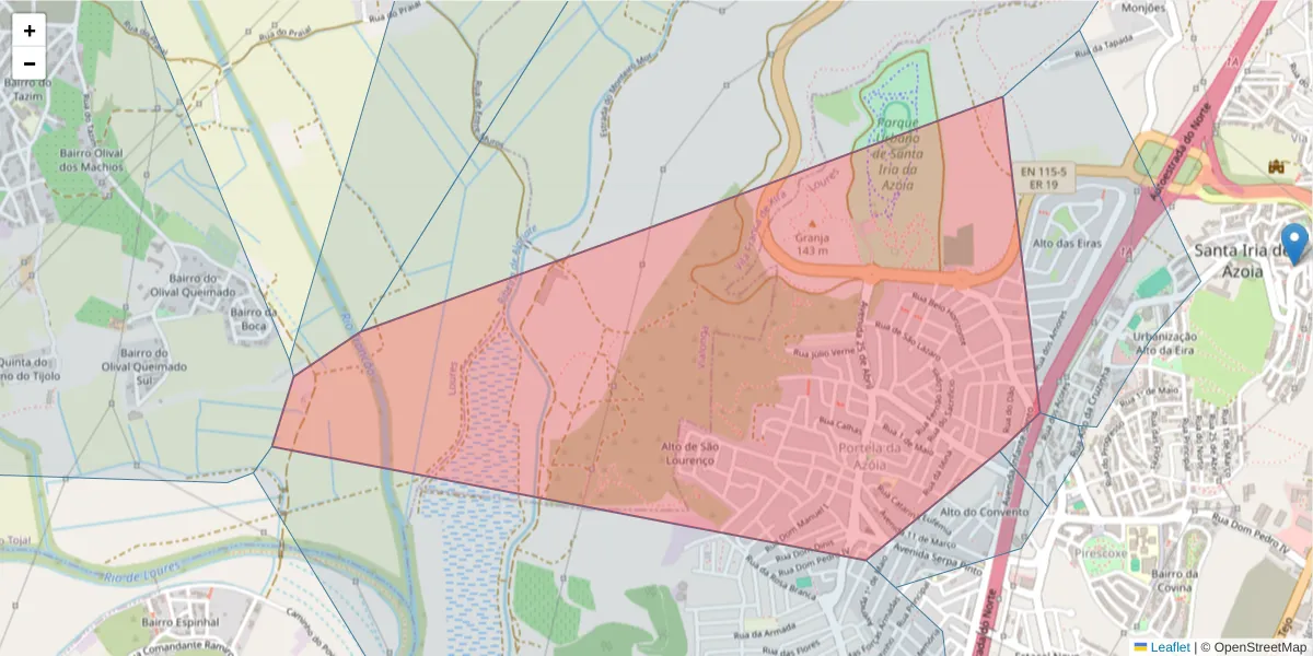 Mapa detalhado do código postal 2690-271 com limites, códigos postais vizinhos e agências dos correios
