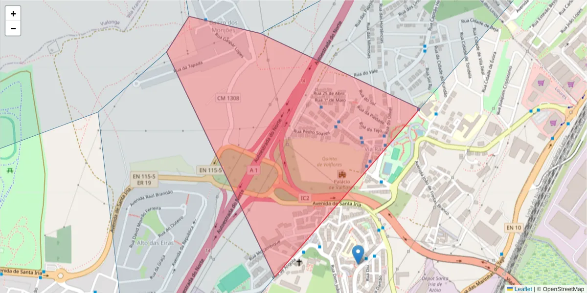 Mapa detalhado do código postal 2690-999 com limites, códigos postais vizinhos e agências dos correios