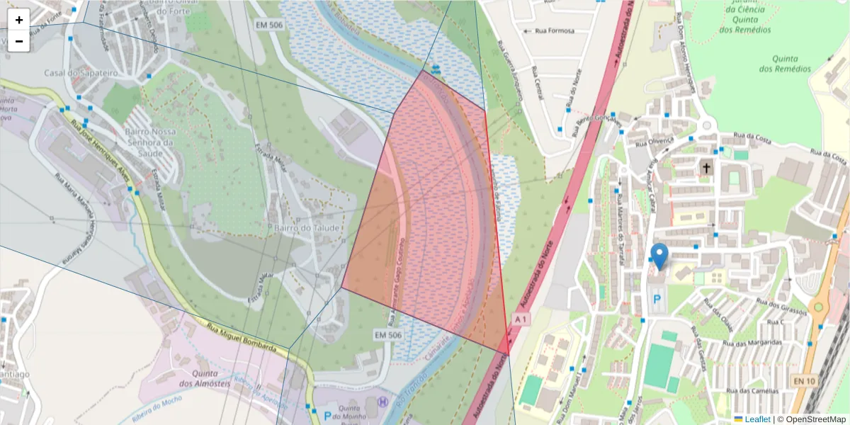 Mapa detalhado do código postal 2695-010 com limites, códigos postais vizinhos e agências dos correios