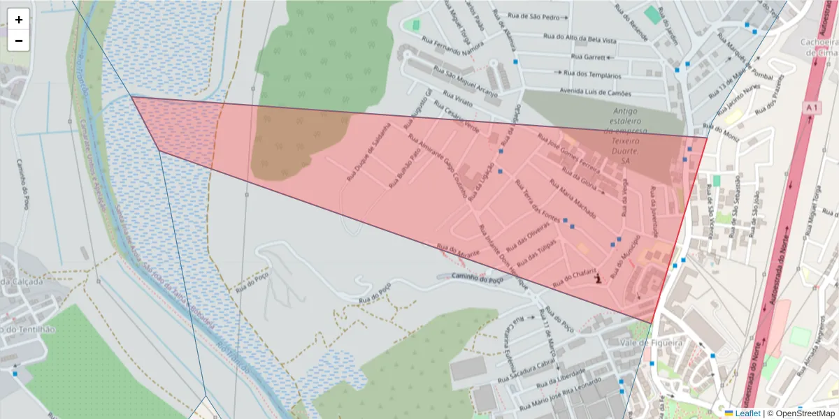 Mapa detalhado do código postal 2695-772 com limites, códigos postais vizinhos e agências dos correios