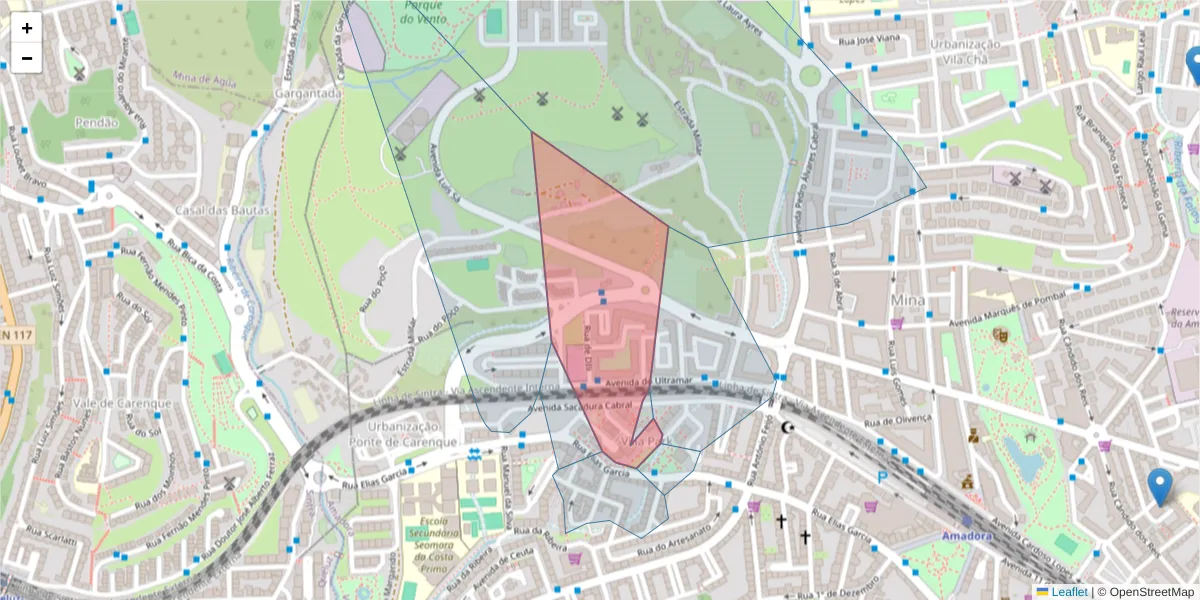 Mapa detalhado do código postal 2700-002 com limites, códigos postais vizinhos e agências dos correios