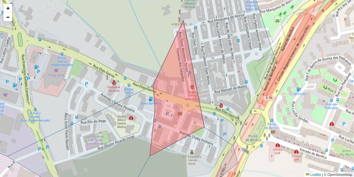 Mapa detalhado do código postal 2700-006 com limites, códigos postais vizinhos e agências dos correios