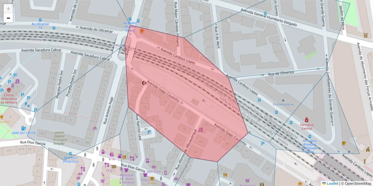 Mapa detalhado do código postal 2700-014 com limites, códigos postais vizinhos e agências dos correios