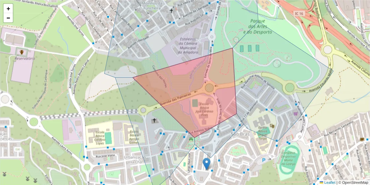 Mapa detalhado do código postal 2700-080 com limites, códigos postais vizinhos e agências dos correios