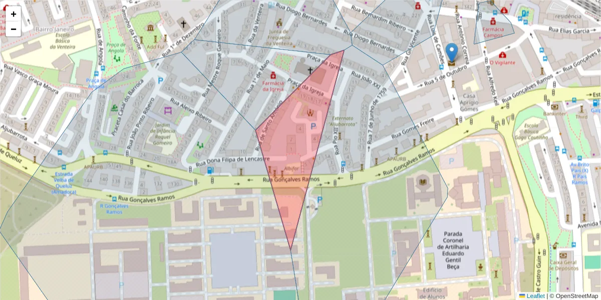 Mapa detalhado do código postal 2700-165 com limites, códigos postais vizinhos e agências dos correios