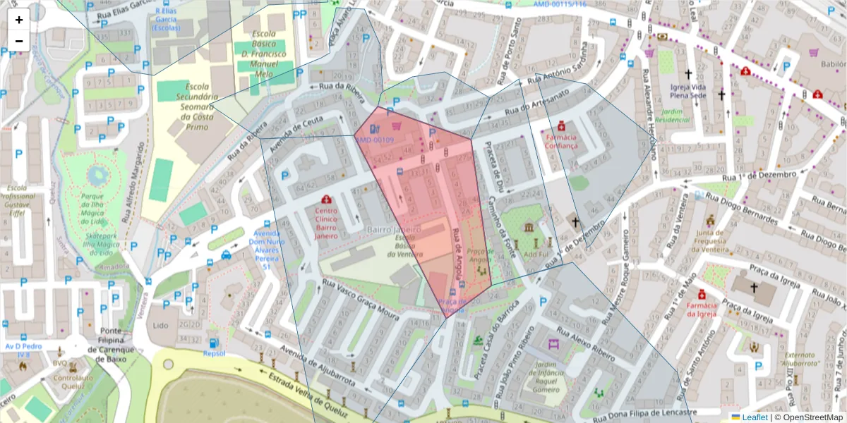 Mapa detalhado do código postal 2700-189 com limites, códigos postais vizinhos e agências dos correios