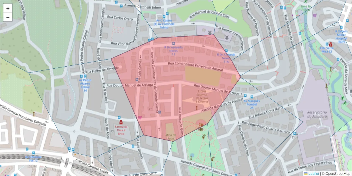 Mapa detalhado do código postal 2700-208 com limites, códigos postais vizinhos e agências dos correios