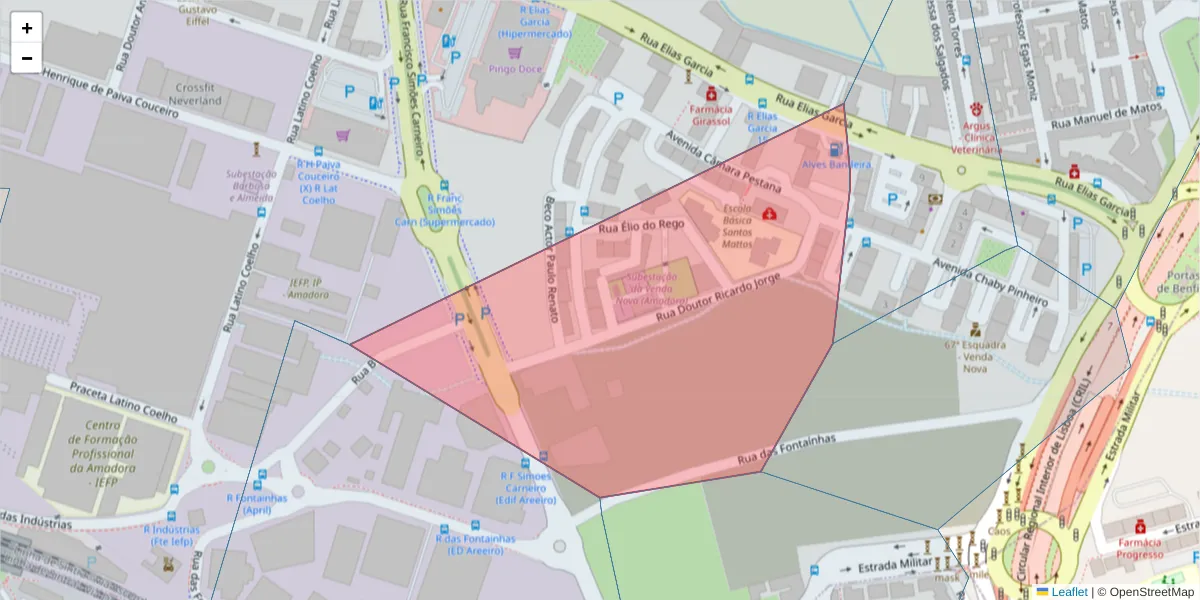 Mapa detalhado do código postal 2700-220 com limites, códigos postais vizinhos e agências dos correios