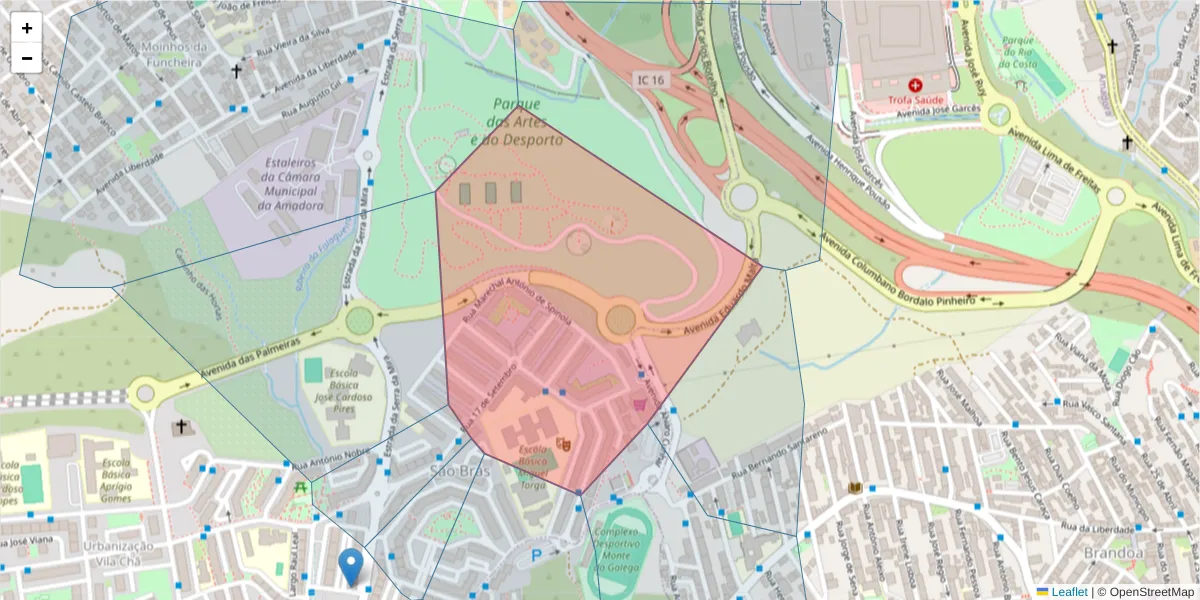 Mapa detalhado do código postal 2700-230 com limites, códigos postais vizinhos e agências dos correios